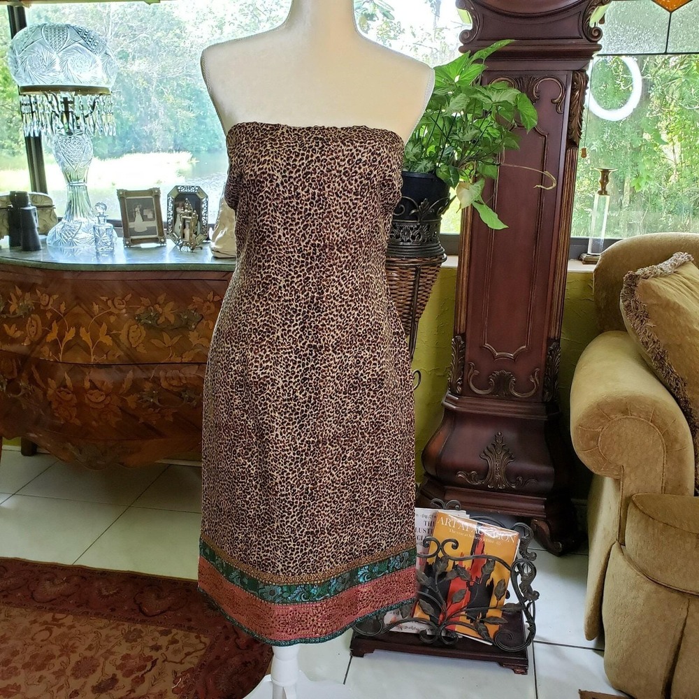 Vtg Cache Colorblock Brown Leopard Animal Print Silk Linen Women's Dress Size 6